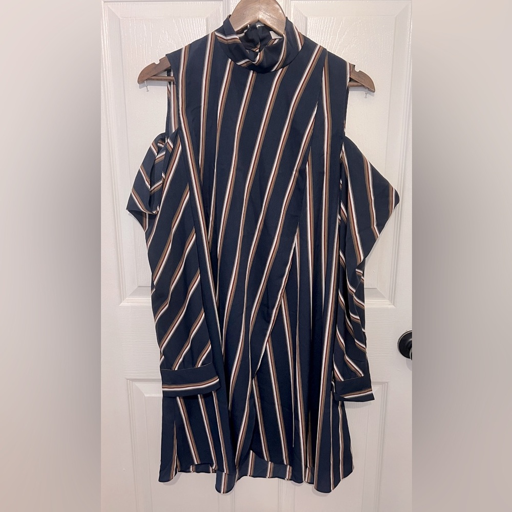 TOWOWGE Women's Navy Blue Pinstripe Cold Shoulder Long Sleeve Dress Size M